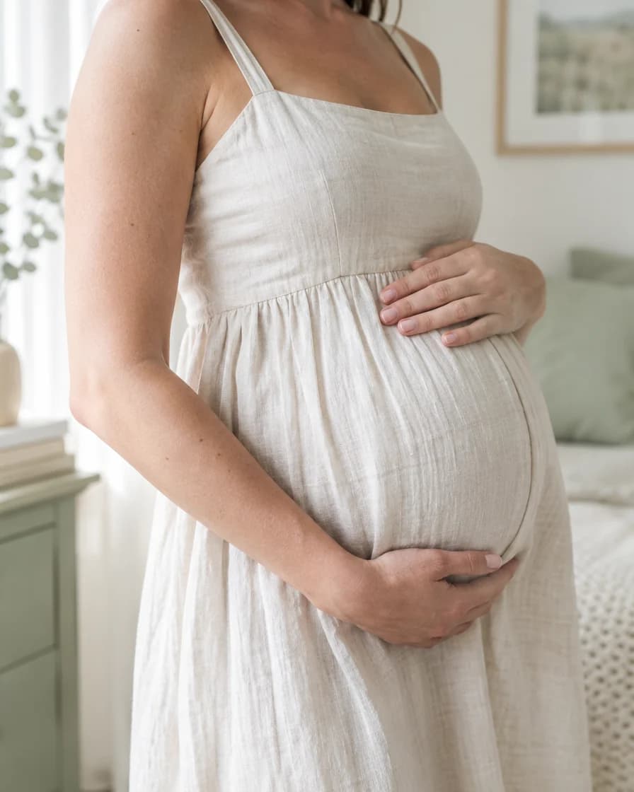 Zwangere vrouw in een lichte jurk houdt haar handen om haar buik